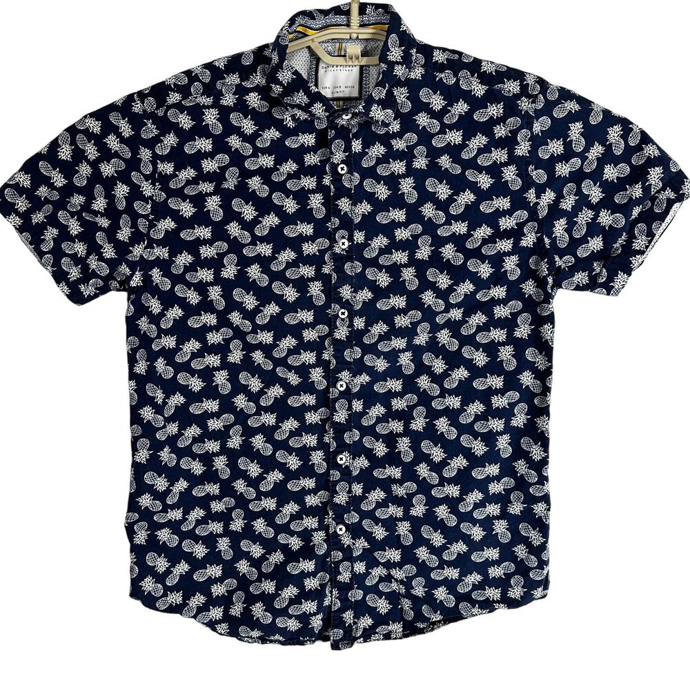 Denim Flower Button Up Shirt Mens Size S Slim Blue White Pineapples Preppy Surf